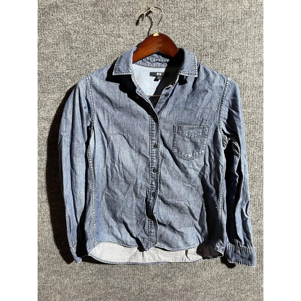 Uniqlo Shirt Boys Small Blue Chambray Button Front Long Sleeve Casual Denim Look